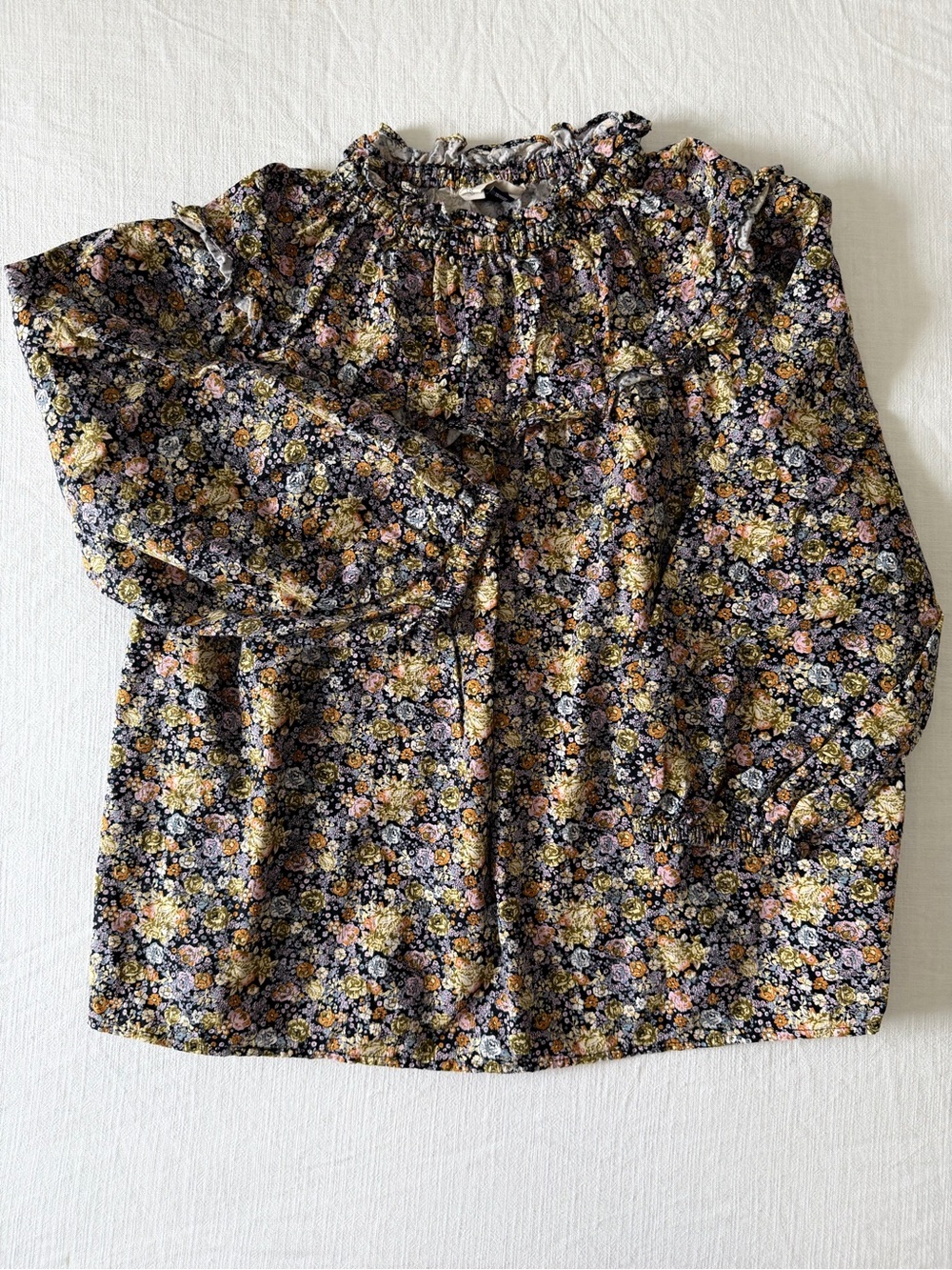 Floral Ruffle 3/4 Sleeve Blouse Black Cottagecore Boho Top